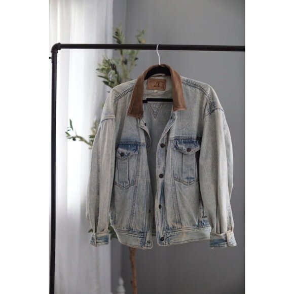 Mirage Other - VTG Mirage Authentic Wear Mens Sz L Blue Denim Bomber Jacket Coat leather collar